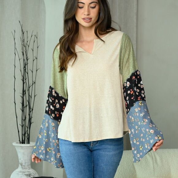 NEW! Pretty Boho Long Bell Print Sleeve V Neck Top Floral - Picture 2 of 3
